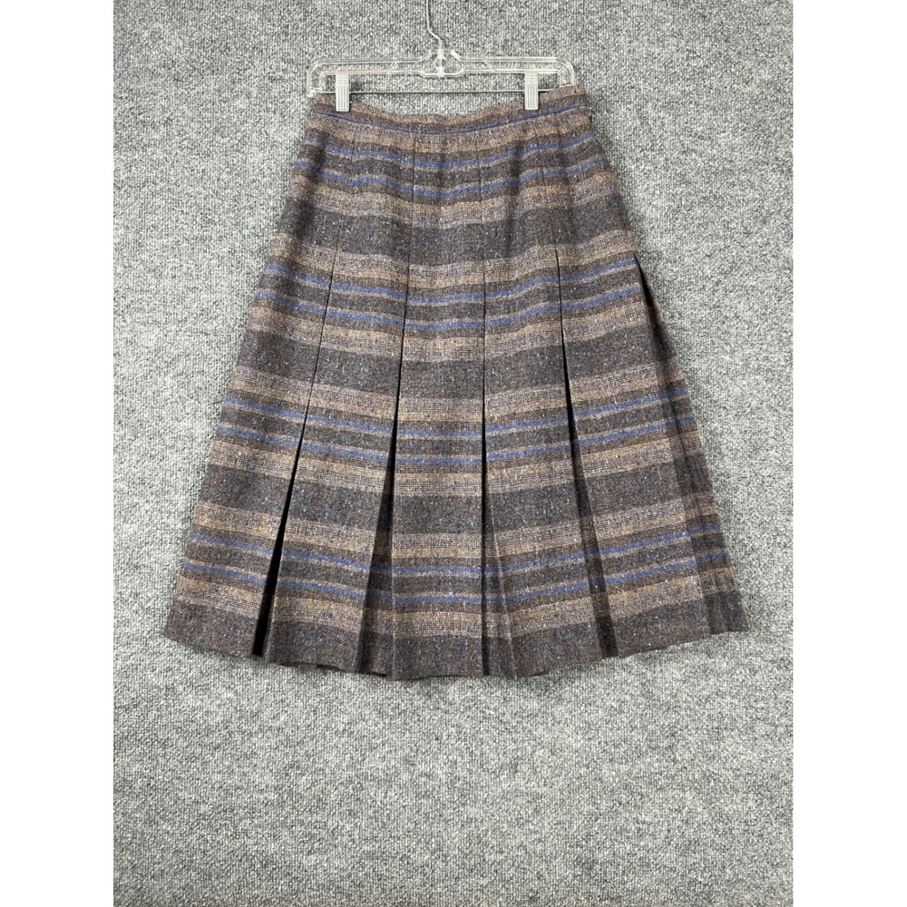 Edinburgh Woollen Mill Skirt Sz 28 VTG Wool‎ Pleated Midi Brown Grey Blue Stripe